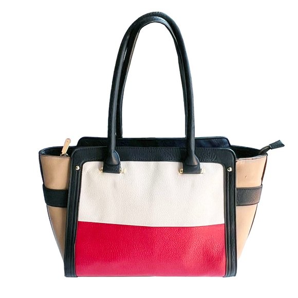 Red, White, Beige, Navy Colorblock Pebble Leather Satchel, Charming Charlie - Picture 1 of 6